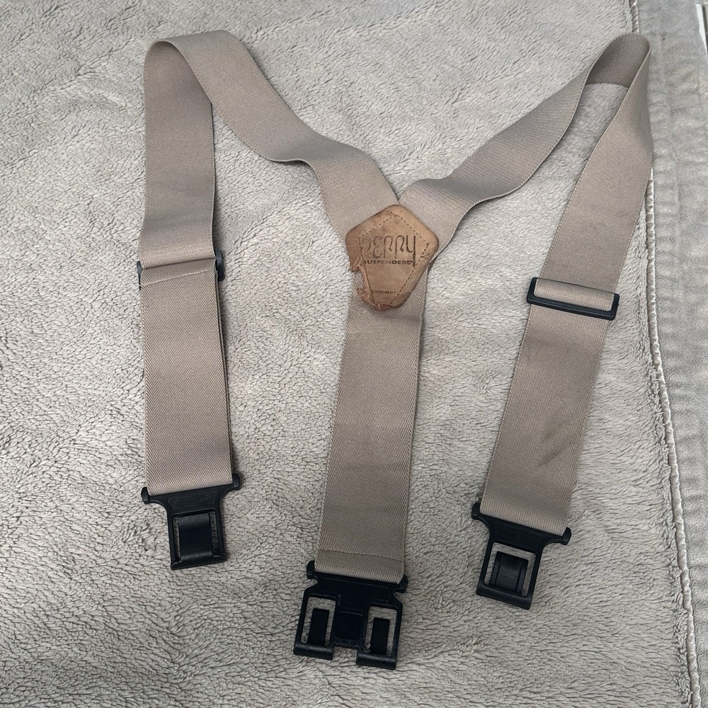 The Original PERRY Suspenders Tan 1.5" and 2" Wide Hook on Belt Clip Y Back, USA